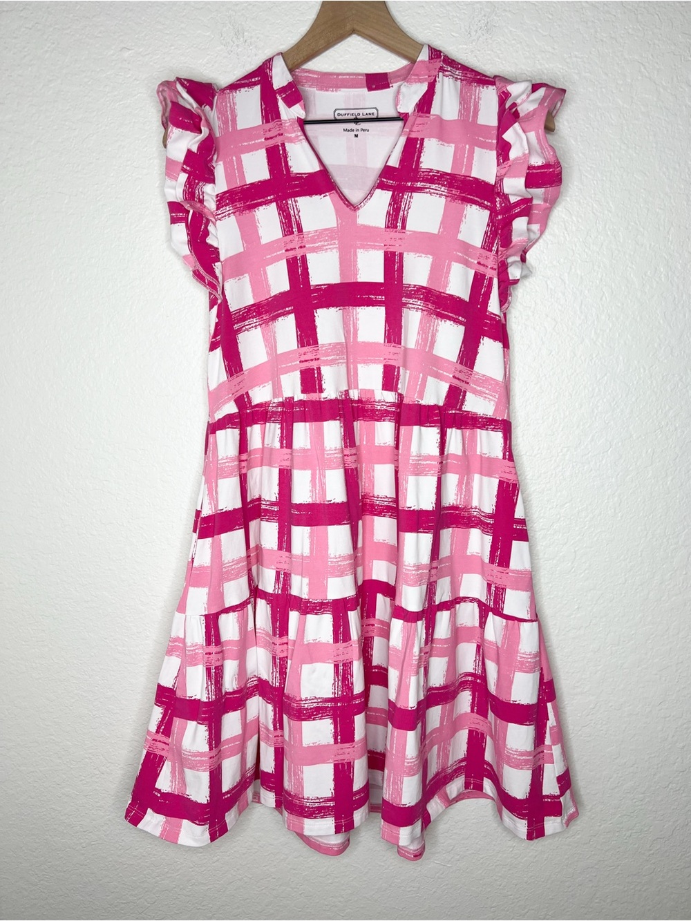 Duffield Lane Pink Plaid Tiered Mini Dress Ruffle Sleeves V-Neck size Medium